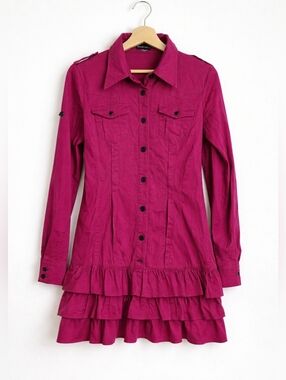 Only Fuchsia Drop Waist Shirt Dress Ruffle Hem Stretch Small